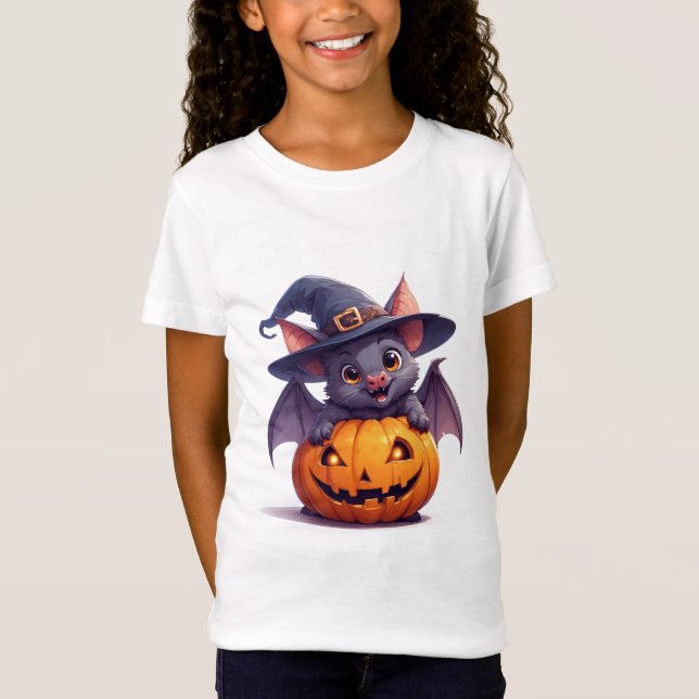 Camiseta Feliz Halloween Morcego Segurando Abóbora 🎃 (Frente)