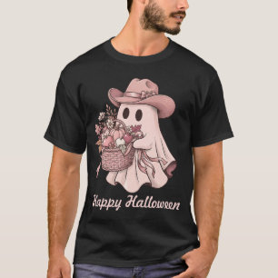 Camiseta Feliz Halloween Ocidental Rosa Fantasma & Colheita