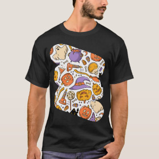 Camiseta Feliz Halloween padrão contínuo com rabiscos para