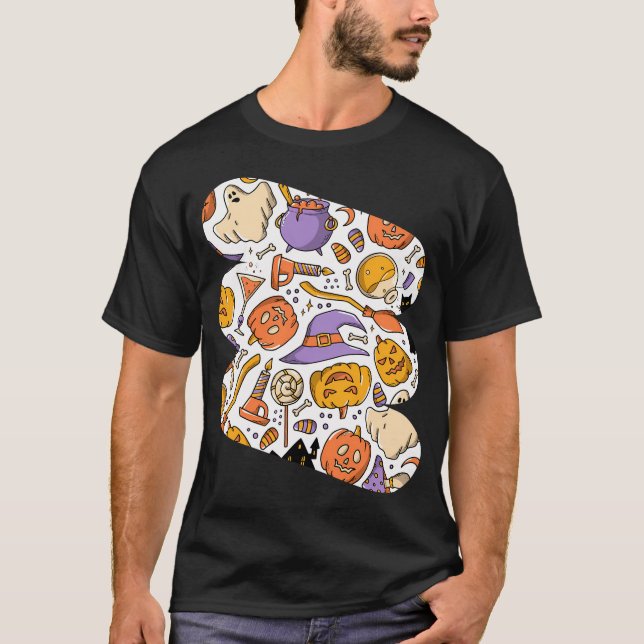 Camiseta Feliz Halloween padrão contínuo com rabiscos para  (Frente)