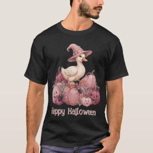 Camiseta Feliz Halloween Pato de Bruxa Rosa & Abóboras Rosa