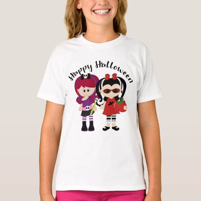 Camiseta Feliz Halloween Pequenas Meninas Monstras (Frente)