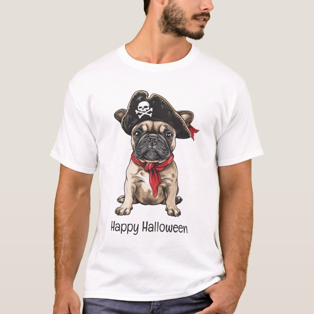 Camiseta Feliz Halloween Pirate Buldogue Francês (Frente)
