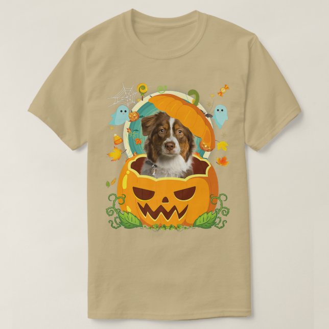 Camiseta Feliz Halloween Pumpkin Aussie Dog Witch Cute Hat  (Frente do Design)