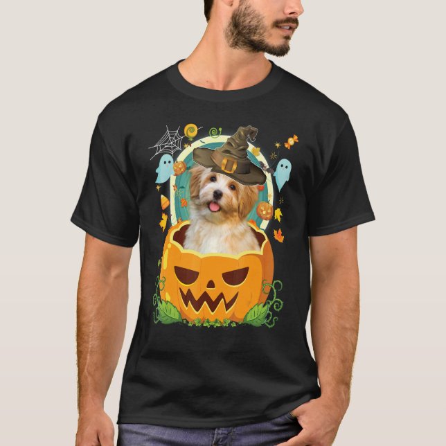 Camiseta Feliz Halloween Pumpkin Havanese Dog Witch Cute Ha (Frente)