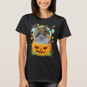 Camiseta Feliz Halloween Pumpkin Manx Cat Witch Cute Hat H