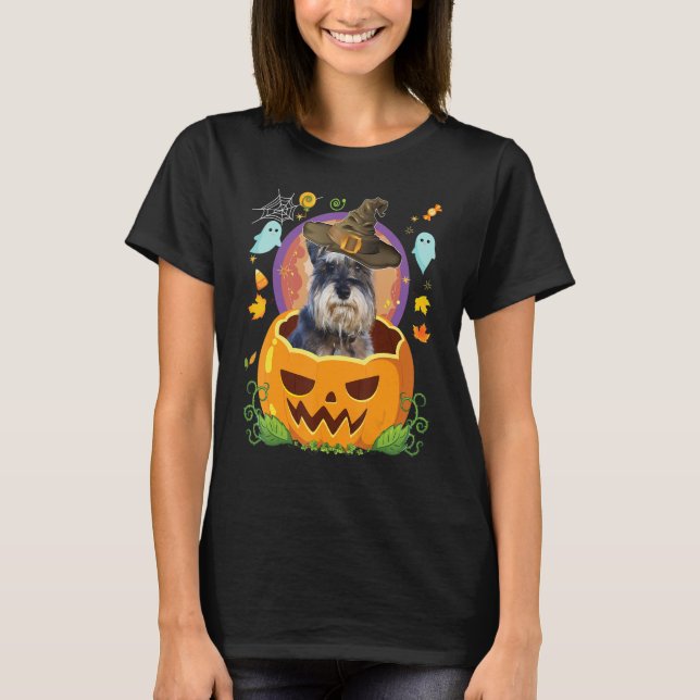 Camiseta Feliz Halloween Pumpkin Schnauzer Cachorro Bruxa C (Frente)