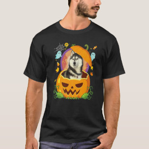 Camiseta Feliz Halloween Pumpkin Siberian Husky Dog Witch C