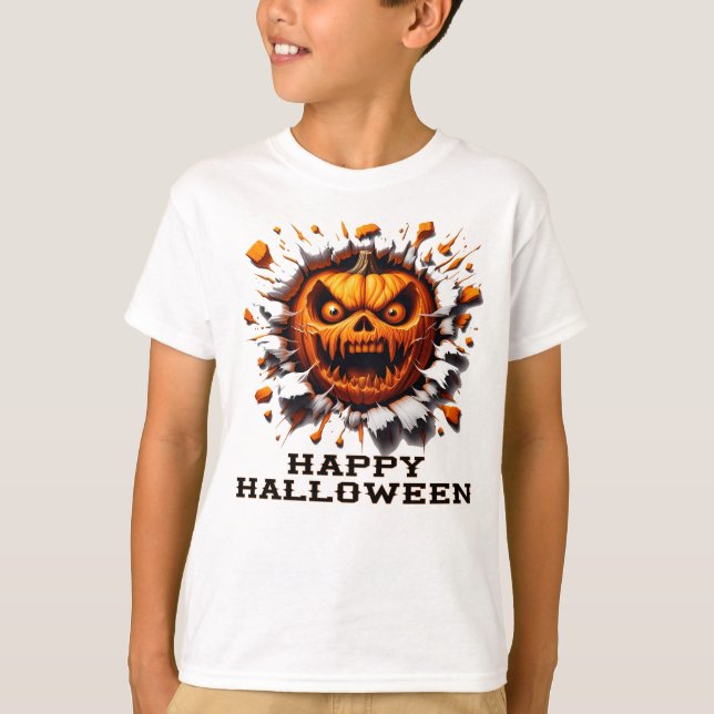 Camiseta Feliz Halloween Pumpkin Smashing Through (Frente)