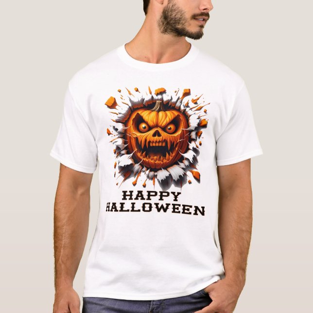 Camiseta Feliz Halloween Pumpkin Smashing Through (Frente)