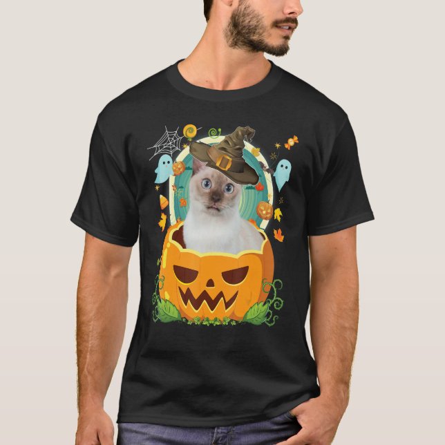 Camiseta Feliz Halloween Pumpkin Tonkinese Cat Witch Cute H (Frente)
