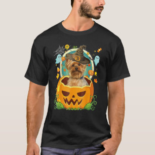 Camiseta Feliz Halloween Pumpkin Yorkie Dog Witch Cute Hat