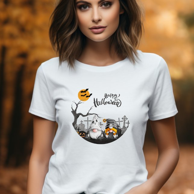 Camiseta Feliz Halloween Retro Gnomos no Cemitério (Criador carregado)