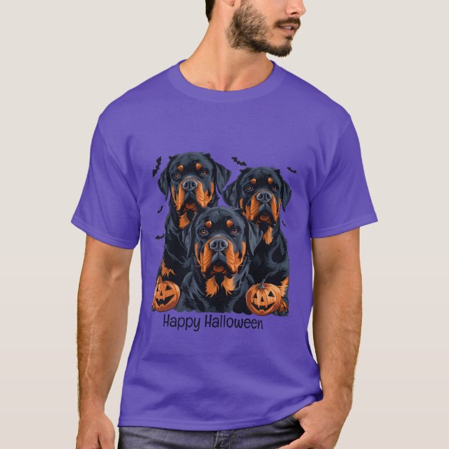 Camiseta Feliz Halloween Rottweiler Cães Jack O Lanterna (Frente)