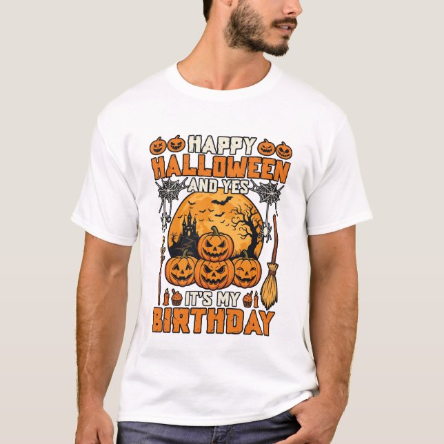 Camiseta Feliz Halloween Sim É Aniversário Abóboras Lua Cas (Frente)