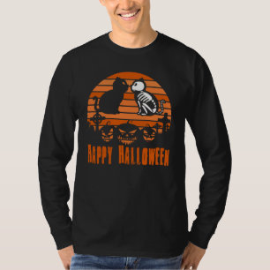 Camiseta Feliz Halloween Skeleton Cat Retro Sunset