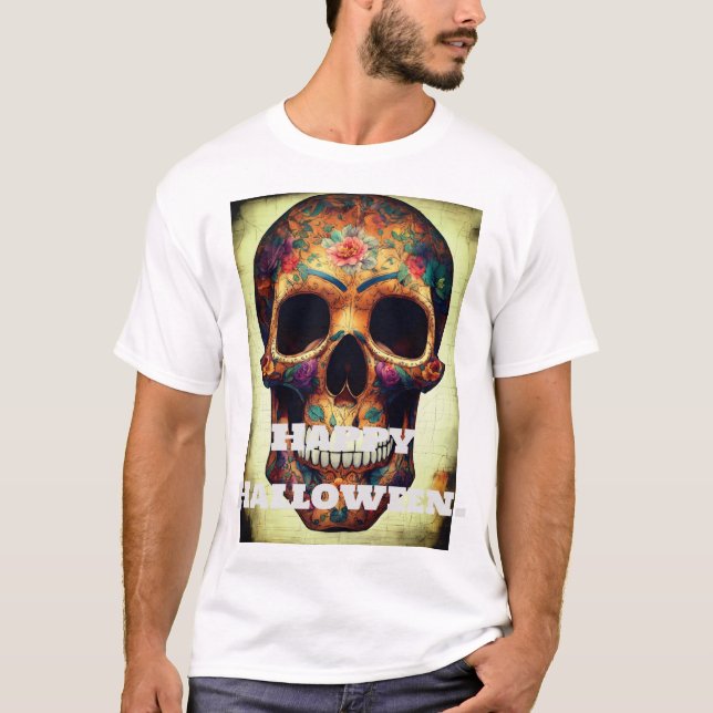 Camiseta "Feliz Halloween Skeleton Impressão T-Shirt. (Frente)