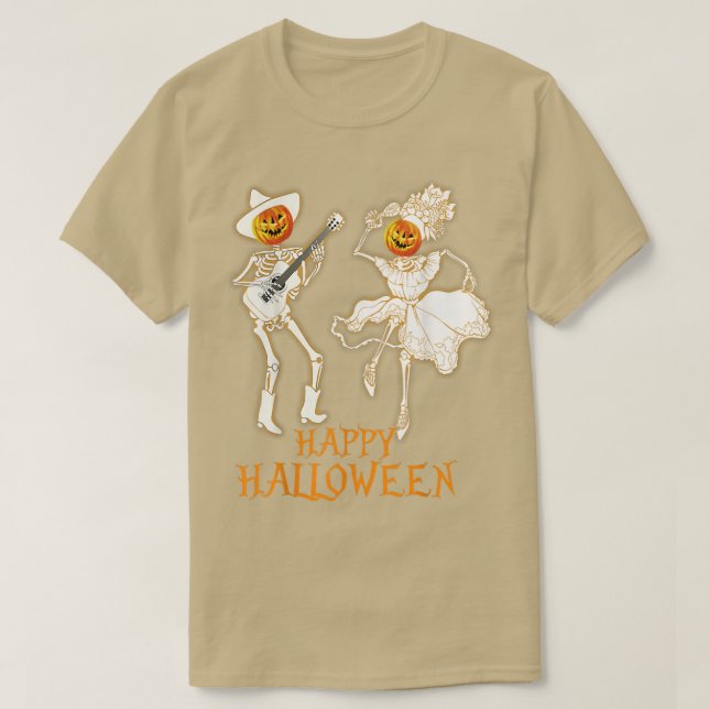 Camiseta Feliz Halloween Skeleton Pumpkin Tocando Violão 16 (Frente do Design)