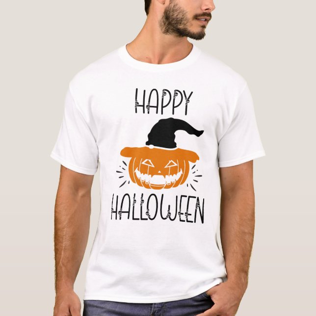 Camiseta Feliz Halloween Skulls E Pumpkin (Frente)