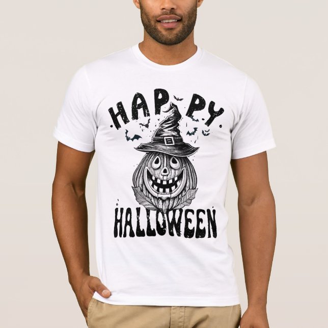 Camiseta Feliz Halloween, Spooky abóbora vestindo chapéu (Frente)