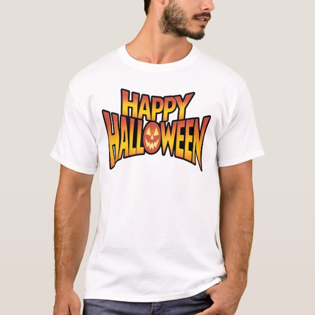 Camiseta Feliz Halloween Spooky Design de texto de Abóbora (Frente)