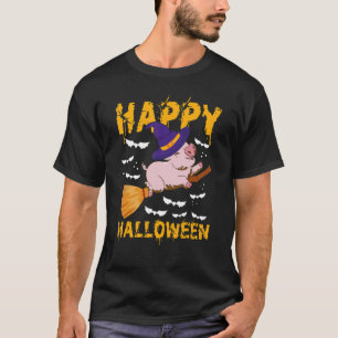 Camiseta Feliz Halloween u2013 Witch Pig Flying Broom Hallo