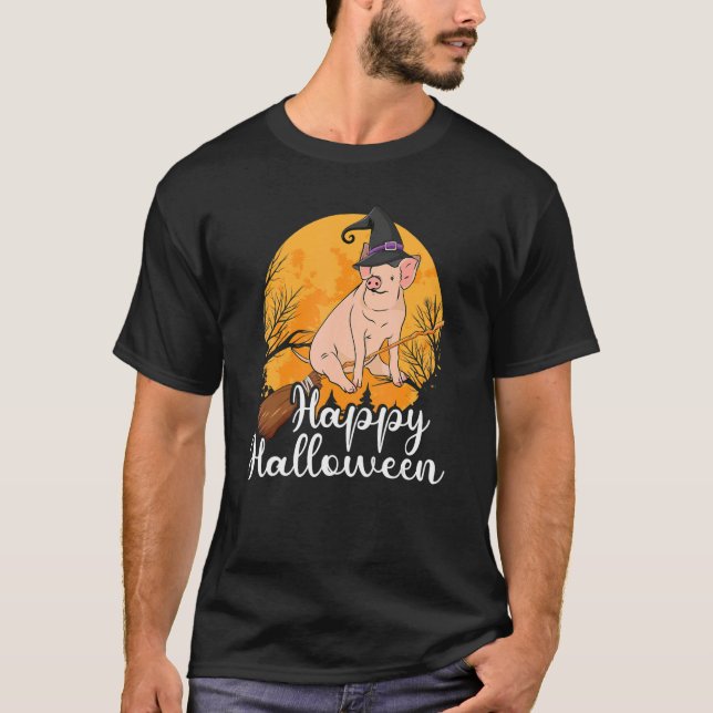 Camiseta Feliz Halloween u2013 Witch Pig Flying Broom Hallo (Frente)