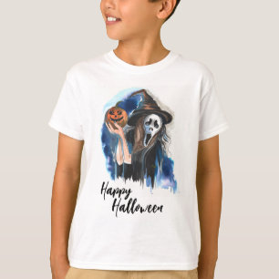 Camiseta Feliz Halloween Watercolor Witand Pumpkin
