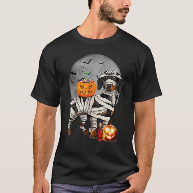 Camiseta Feliz Halloweenie Dachshund Mummy Doxie Dog Hallow (Frente)