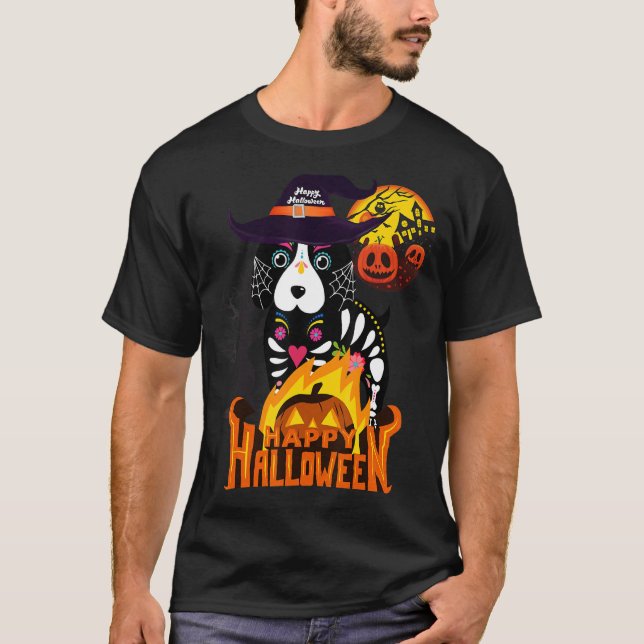 Camiseta Feliz Halloweenie Dachshund Mummy Doxie Dog Trick (Frente)