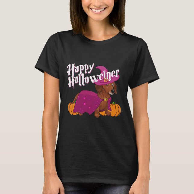 Camiseta Feliz Halloweenie Doxie Dachshund Dog Witch Hat Pu (Frente)
