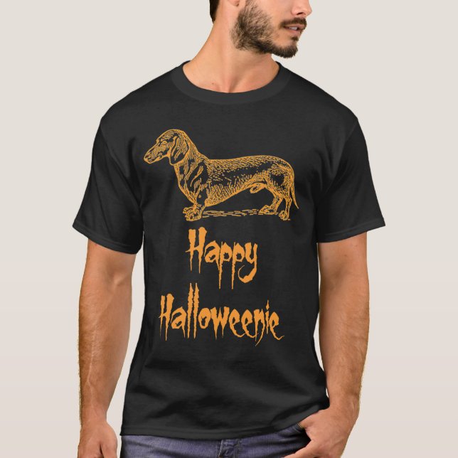 Camiseta Feliz Halloweenie Orange Halloween Dachshund Dog (Frente)