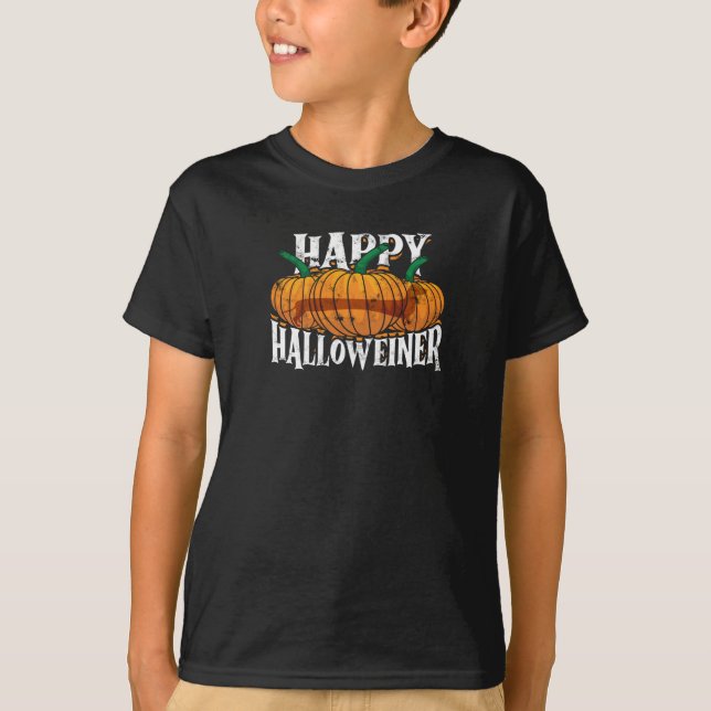 Camiseta Feliz Halloweiner - travessuras ou doces (Frente)