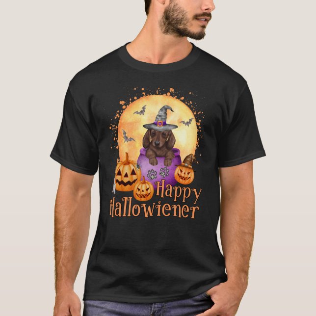 Camiseta Feliz Hallowiener Dachshund Puppy Halloween (Frente)