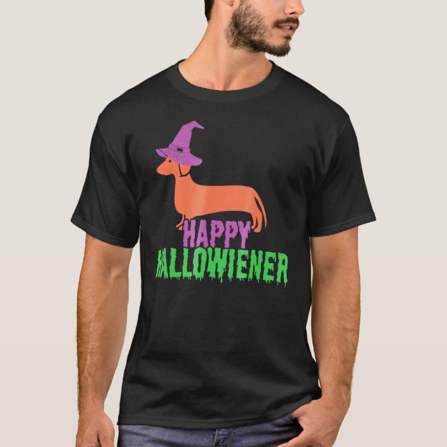 Camiseta Feliz Hallowiener - Halloween de Dachshund (Frente)