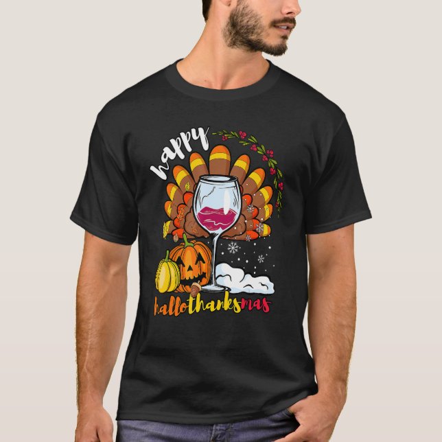 Camiseta Feliz HallowObrigadoMas Wine Glass, Ação de Graças (Frente)