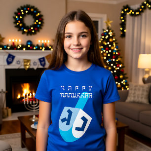 Camiseta Feliz Hanukkah 2 com Dreidel azul