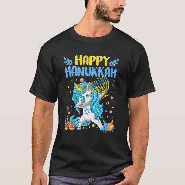Camiseta Feliz Hanukkah Dabbing Judeu Unicorn Crianças (Frente)