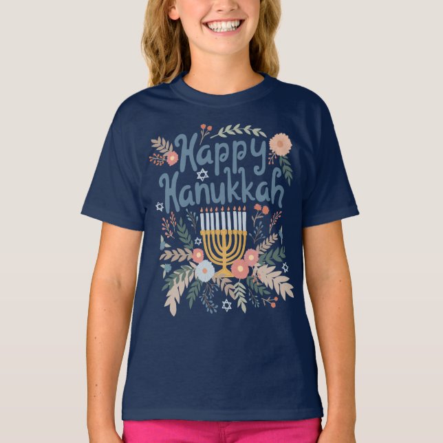 Camiseta Feliz Hanukkah FLorals Arte desenhada à mão (Frente)