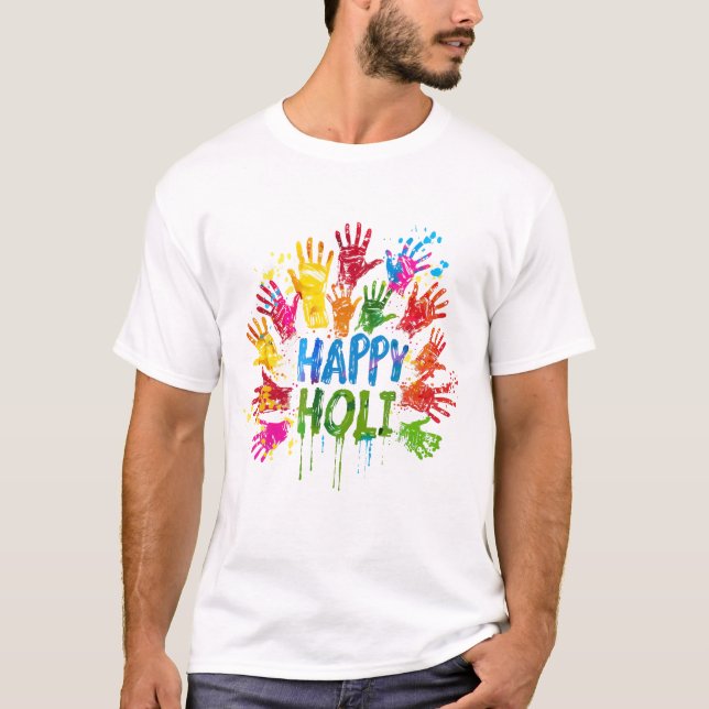 Camiseta Feliz Holi Colorida Mãos | Celebração da Índia (Frente)
