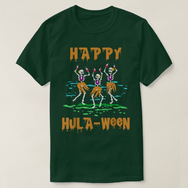 Camiseta Feliz HulaWeen Skeleton Hula Dancer Halloween Hawa (Frente do Design)