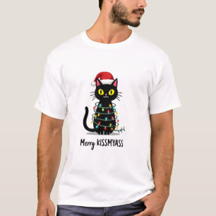 Camiseta Feliz Kissmyass Gato Divertido Luzes de Natal Prem