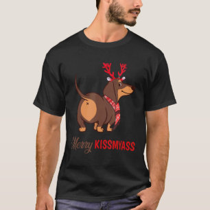 Camiseta Feliz Kissmyass Reindeer de Natal Cão Dachshund