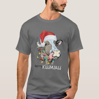 Camiseta Feliz Kissmyass Xmas Ugly Cow Lover Santa Hat Paja