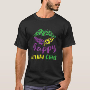 Camiseta Feliz Lábios do Partido Mardi Gras Carnaval Leopar