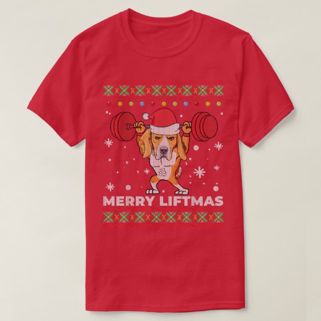 Camiseta Feliz Liftmas Levantamento de Peso e Cachorro Feio (Frente do Design)