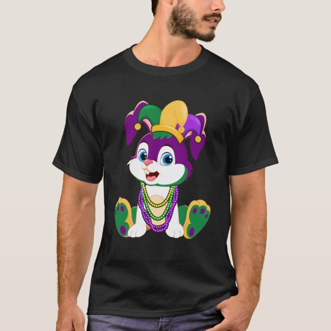 Camiseta Feliz Mardi Gras Cute Bunny Vestindo Miçangas Jest (Frente)