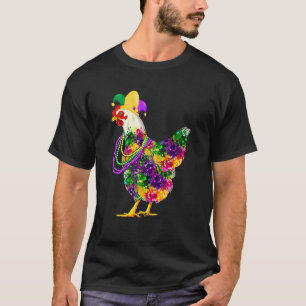 Camiseta Feliz Mardi Gras Cute Chicken Vestindo Miçanga Jes