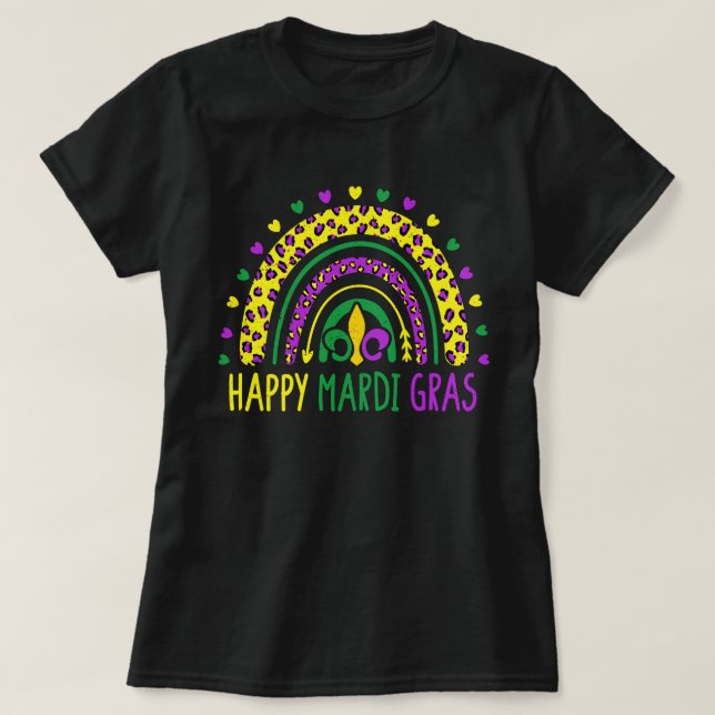 Camiseta Feliz Mardi Gras Cute Leopard Rainbow (Frente do Design)