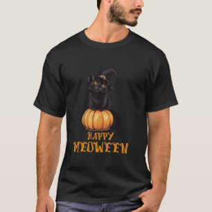 Camiseta Feliz Média entre o Halloween Black Cute Cat Pumpk